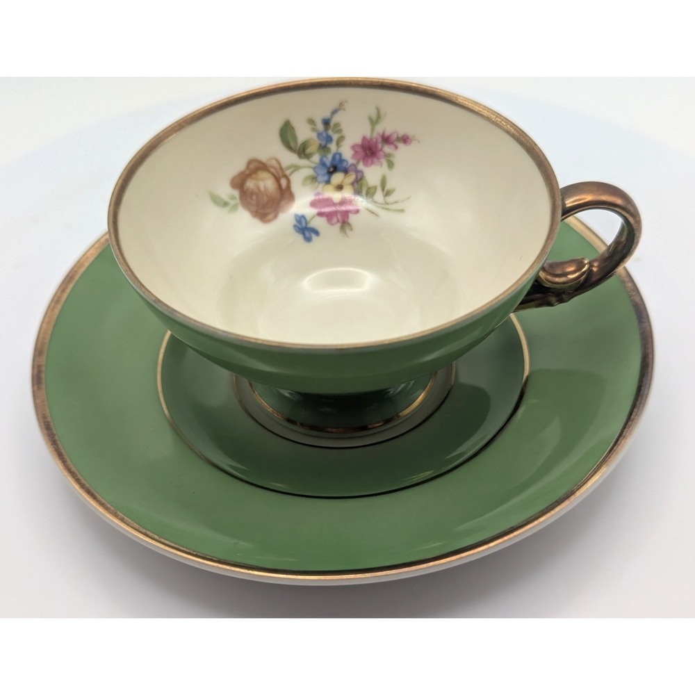 P T BAVARIA TIRSCHENREUTH Teacup Saucer Set Green Gold Floral Germany Dainty